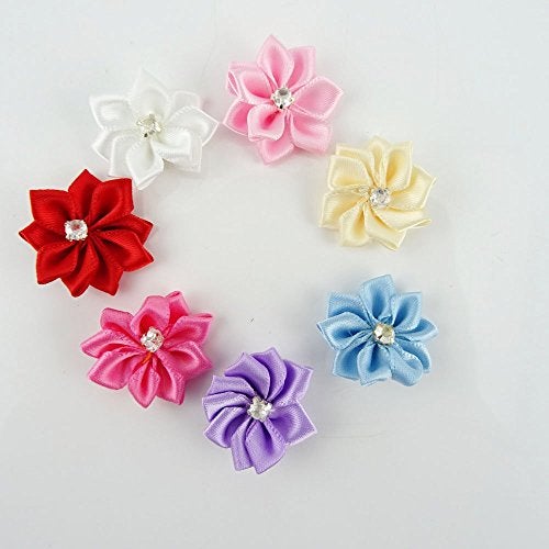 yueton Pack of 50 DIY Satin Ribbon Flowers with Rhinestone Craft Wedding Ornament Appliques (Assorted color-50pcs) - Image 3