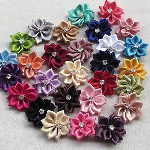 yueton Pack of 50 DIY Satin Ribbon Flowers with Rhinestone Craft Wedding Ornament Appliques (Assorted color-50pcs) - Image 2