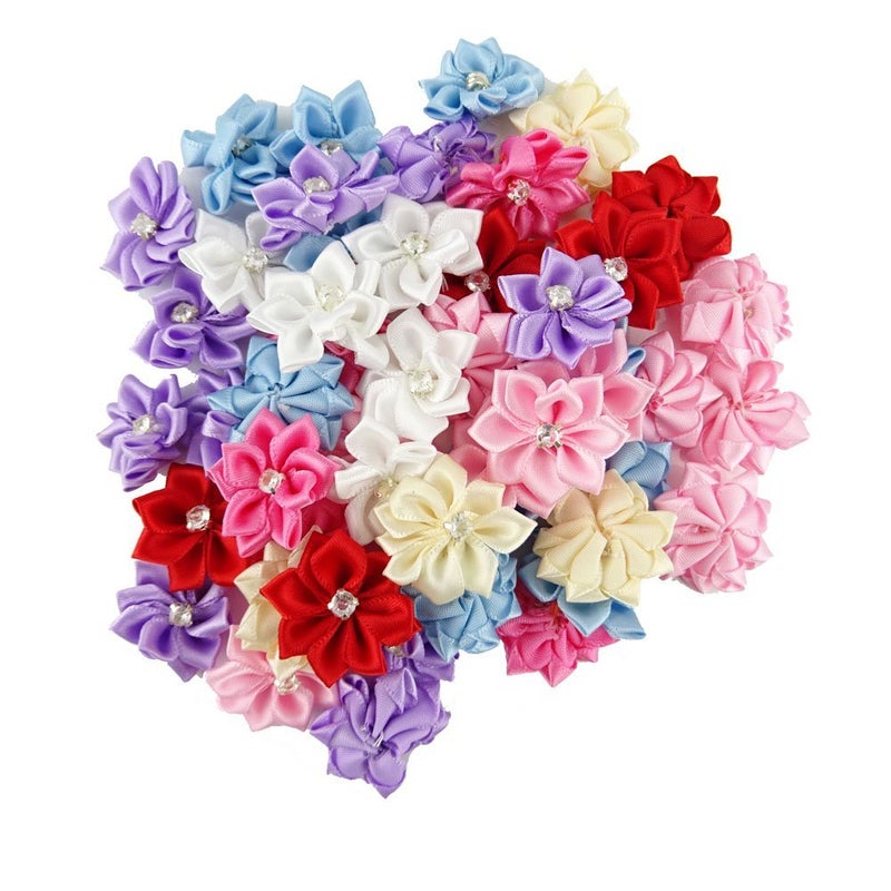 yueton Pack of 50 DIY Satin Ribbon Flowers with Rhinestone Craft Wedding Ornament Appliques (Assorted color-50pcs) - Image 5