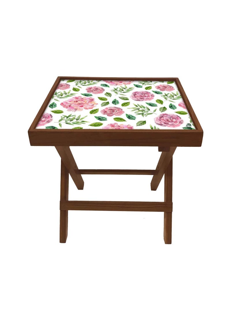 Nutcase Nutcase Designer Teak Wood Side Table Folding Wooden Bedside Coffee Outdoor Picnic Table Pink Florals  - Image 1