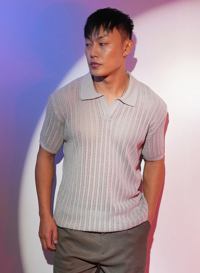 Campus Sutra Men's Ash Grey Stripe-Textured Polo T-Shirt
