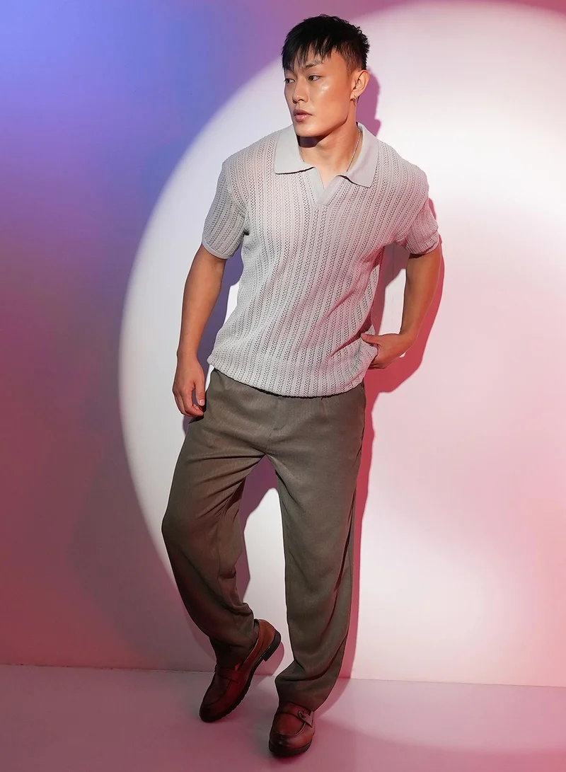 Campus Sutra  Men's Ash Grey Stripe-Textured Polo T-Shirt for Men | Best Price UAE