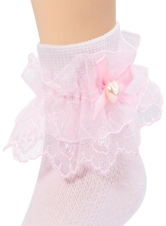 Looching 4 Pairs Toddler Baby Girls Ruffle Lace Trim Socks with Bow Frilly Eyelet Mesh Princess Ankle Dress Dance Socks for Little Kids/Big Kids… - Image 2