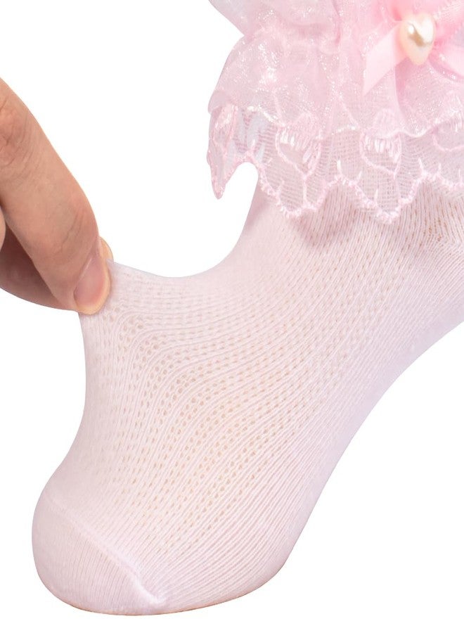 Looching 4 Pairs Toddler Baby Girls Ruffle Lace Trim Socks with Bow Frilly Eyelet Mesh Princess Ankle Dress Dance Socks for Little Kids/Big Kids… - Image 4