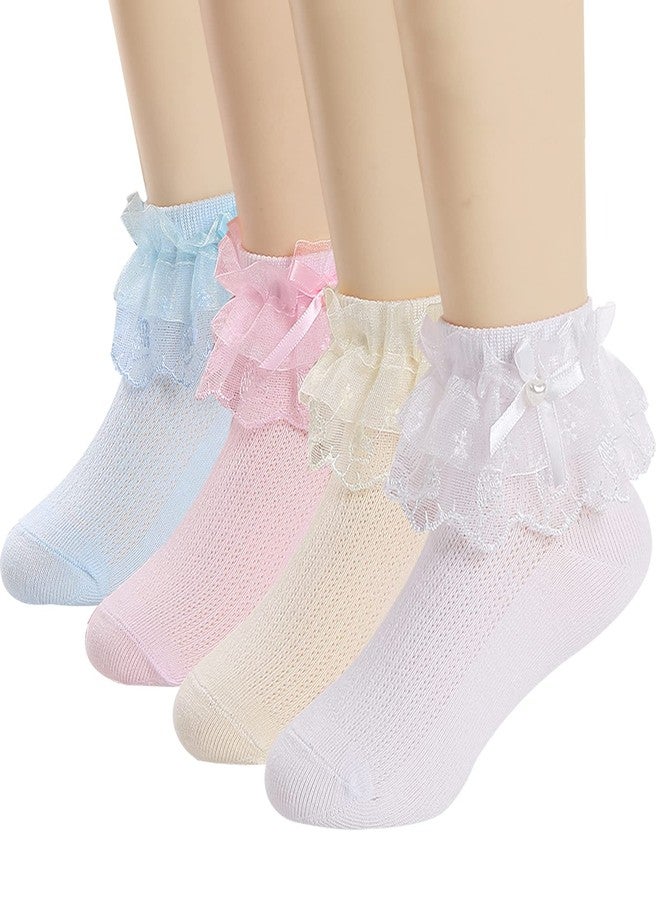 Looching 4 Pairs Toddler Baby Girls Ruffle Lace Trim Socks with Bow Frilly Eyelet Mesh Princess Ankle Dress Dance Socks for Little Kids/Big Kids… - Image 1