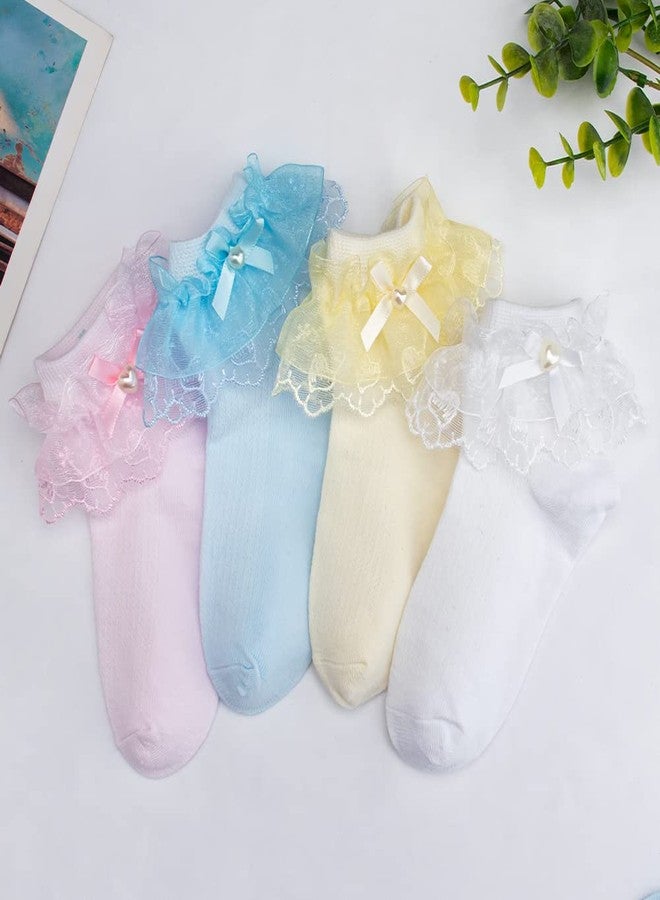 Looching 4 Pairs Toddler Baby Girls Ruffle Lace Trim Socks with Bow Frilly Eyelet Mesh Princess Ankle Dress Dance Socks for Little Kids/Big Kids… - Image 5