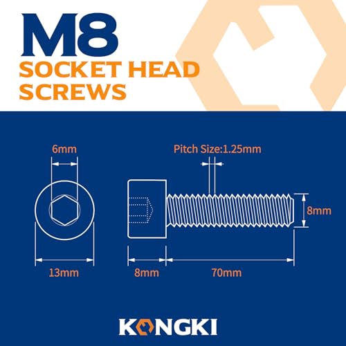 KONGKI M8-1.25 x 70mm Socket Head Cap Screws Bolts, Allen Drive, 12.9 Alloy Steel, Full Thread, Black Oxide, 10 PCS (with Hex Spanner) - Image 2