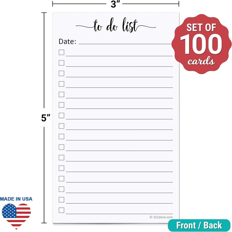 321Done To Do List Cards 3" x 5" (Set of 100) Vertical Index Cards, Double-Sided Notecards with Date To-Do Checklist - Thick Card Stock - Made in The USA, Simple Script - Image 2