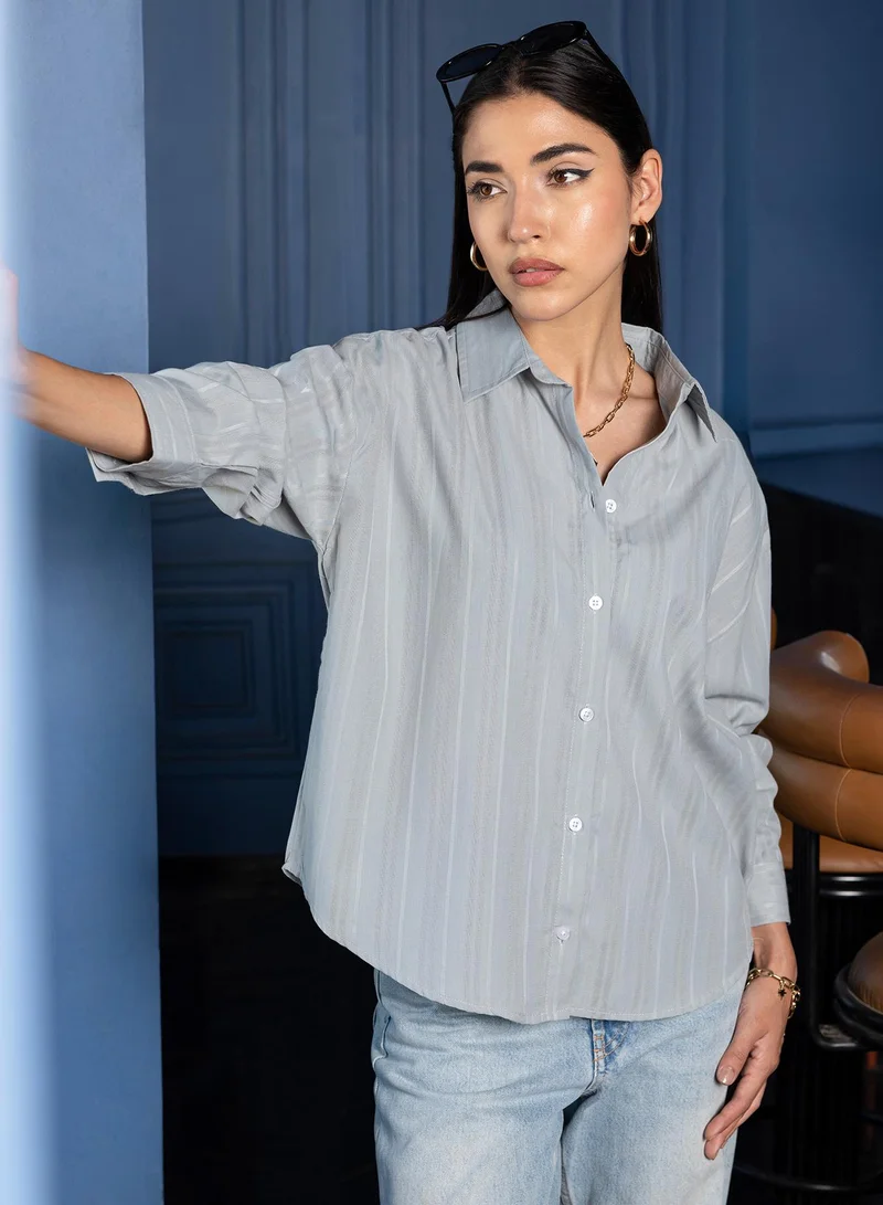 Pinacolada Women's Grey Stripes Oversized Shirt For Casual Wear | Collared Neck | Long Sleeve | Button Closure | Shirt Crafted With Cotton Comfort Fit For Everyday Wear