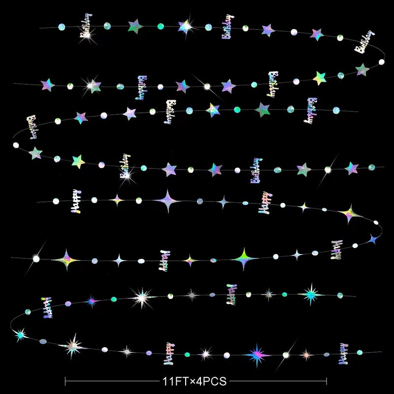 pinkblume Iridescent Happy Birthday Decorations Happy Birthday Circle Dot Twinkle Star Garland Kit Metallic Holographic Hanging Streamer Bunting Banner Backdrop for Women Mens Kids Birday Party Supplies - Image 2