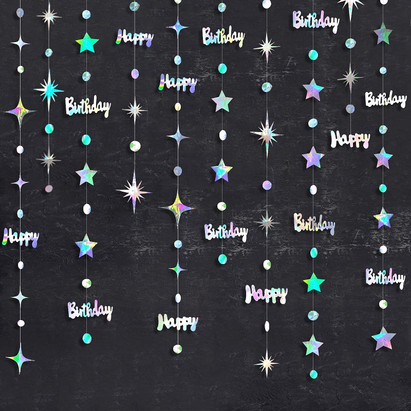 pinkblume Iridescent Happy Birthday Decorations Happy Birthday Circle Dot Twinkle Star Garland Kit Metallic Holographic Hanging Streamer Bunting Banner Backdrop for Women Mens Kids Birday Party Supplies - Image 1