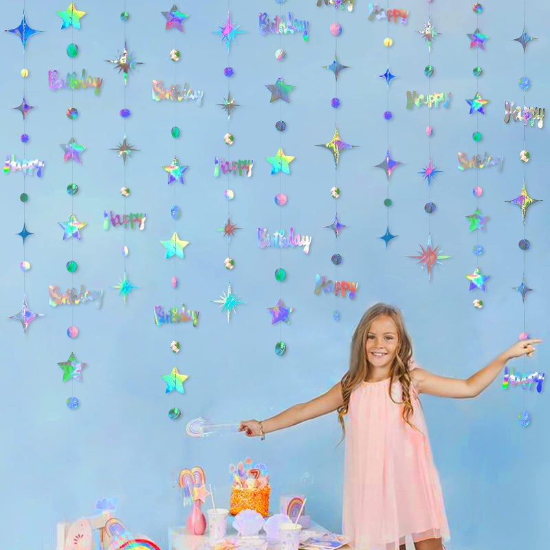 pinkblume Iridescent Happy Birthday Decorations Happy Birthday Circle Dot Twinkle Star Garland Kit Metallic Holographic Hanging Streamer Bunting Banner Backdrop for Women Mens Kids Birday Party Supplies - Image 4