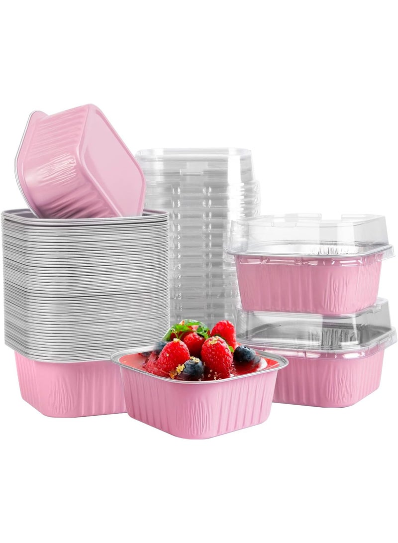 Soofam Mini Square Baking Cups with Lids 50 Pcs 5oz Aluminum Foil Disposable Ramekins 150ml Dessert Cups Cake Pans Pink for Wedding Birthday Party Everyday Use - Image 1