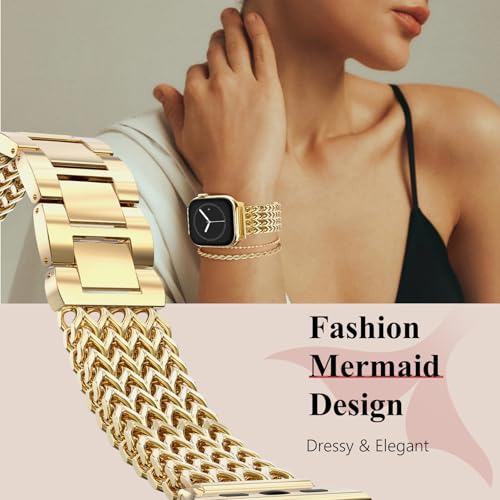 WINGLE Compatible for Gold Apple Watch Band Women Series 1110 42mm 41mm 40mm 38mm SE 321 Dressy Stainless Steel Metal Chain Strap Designer Link Bracelet Wristband for iWatch 9 8 7 6 5 4 3 2 1 - Image 3