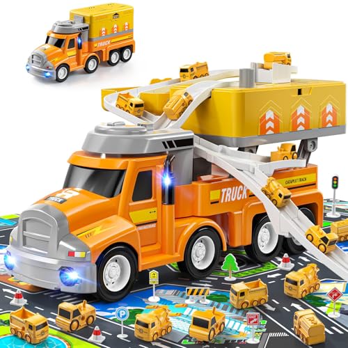 Doloowee Construction Truck Toy Set with 8 Vehicles Car Carrier with Movable Station Educational Vehicle Toys for Kids 38 Years Orange - Image 1