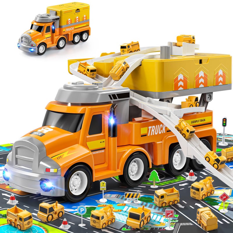 Doloowee Construction Truck Toy Set with 8 Vehicles Car Carrier with Movable Station Educational Vehicle Toys for Kids 38 Years Orange - Image 3