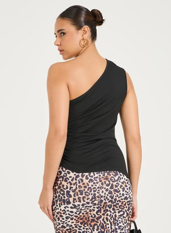 Styli Solid One Shoulder Top with Gathered Detail