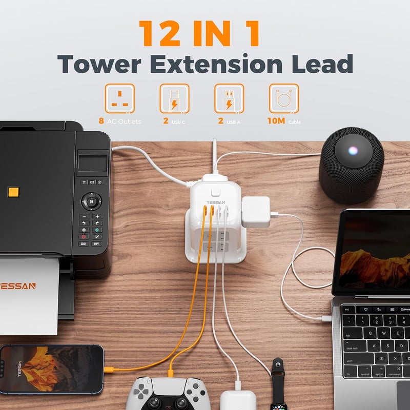 TESSAN Tower Extension Lead 10M with USB C Slots, 8 Way Multi Plug Extension Socket Tower, Surge Protected Power Strip with Switch, Long Extension Cable Plug Tower for Home, Office, School Supplies - Image 2