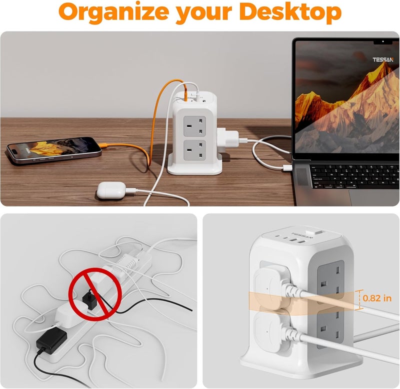 TESSAN Tower Extension Lead 10M with USB C Slots, 8 Way Multi Plug Extension Socket Tower, Surge Protected Power Strip with Switch, Long Extension Cable Plug Tower for Home, Office, School Supplies - Image 4
