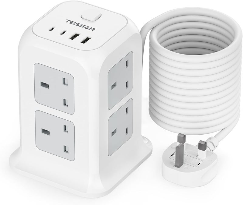 TESSAN Tower Extension Lead 10M with USB C Slots, 8 Way Multi Plug Extension Socket Tower, Surge Protected Power Strip with Switch, Long Extension Cable Plug Tower for Home, Office, School Supplies - Image 1