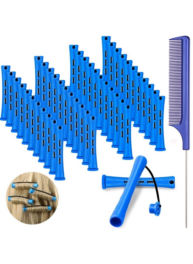 WILLBOND - 48 Pieces Hair Perm Rods Short Cold Wave Rods Plastic Perming Rods Hair Curling Rollers Curlers with Steel Pintail Comb Rat Tail Comb for Hairdressing Styling Supplies (0.35 Inch, Blue and Dark Blue) - Image 1
