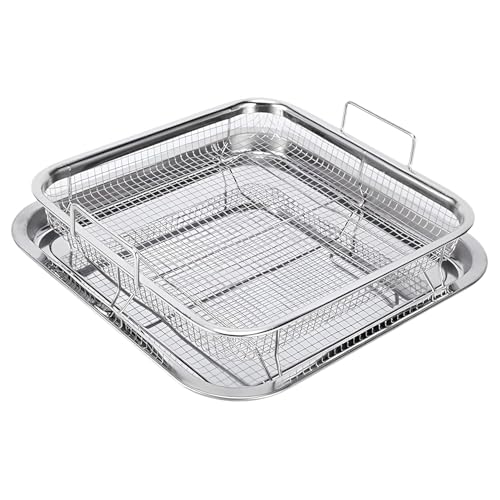 Kruvad Air Fryer Basket Tray Set for Oven – Stainless Steel Non-Stick Grill Basket Steel Baking Tray | 2 Pcs Silver Air Fryer Tray & Oven Rack for Crispy Cooking, Roasting, Baking 26.5'' L x 25'' W - Image 2