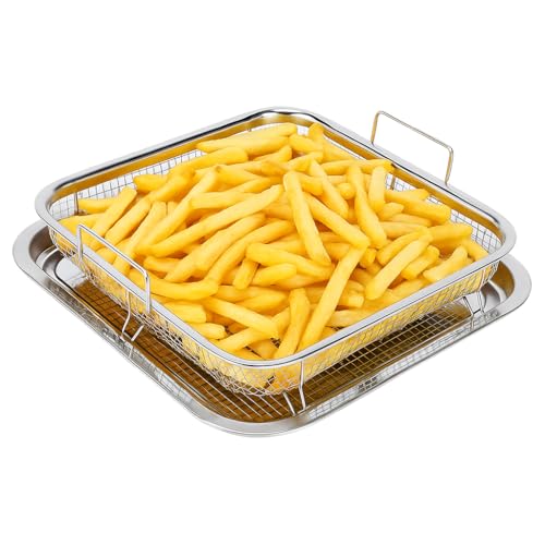 Kruvad Air Fryer Basket Tray Set for Oven – Stainless Steel Non-Stick Grill Basket Steel Baking Tray | 2 Pcs Silver Air Fryer Tray & Oven Rack for Crispy Cooking, Roasting, Baking 26.5'' L x 25'' W - Image 1