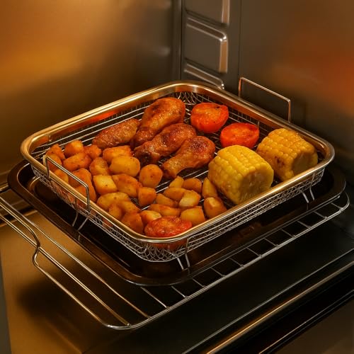 Kruvad Air Fryer Basket Tray Set for Oven – Stainless Steel Non-Stick Grill Basket Steel Baking Tray | 2 Pcs Silver Air Fryer Tray & Oven Rack for Crispy Cooking, Roasting, Baking 26.5'' L x 25'' W - Image 3