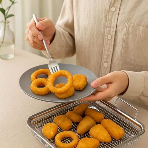Kruvad Air Fryer Basket Tray Set for Oven – Stainless Steel Non-Stick Grill Basket Steel Baking Tray | 2 Pcs Silver Air Fryer Tray & Oven Rack for Crispy Cooking, Roasting, Baking 26.5'' L x 25'' W - Image 4