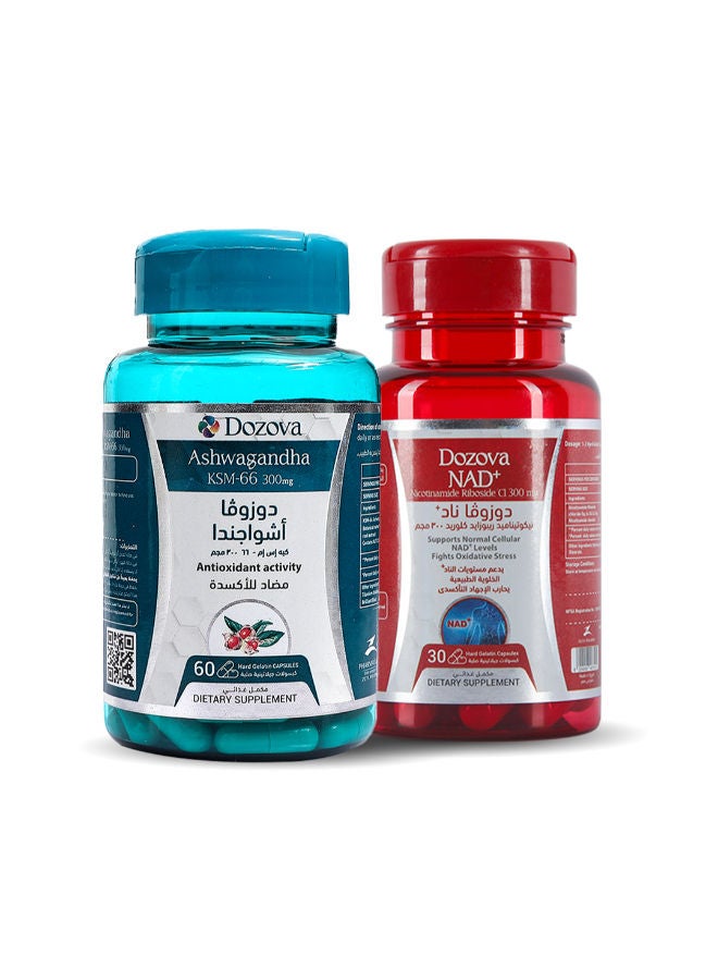 Dozova Wellness Bundle – KSM-66 Ashwagandha Root Extract 600mg (60 Veg Capsules) + Nicotinamide Riboside NAD+ 300mg (30 Capsules) – Stress Relief, Mood & Energy Support, Anti-Aging, Immune & Thyroid Health - Image 1