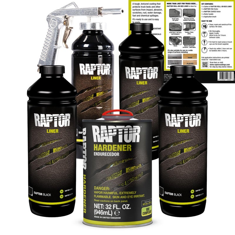 U-POl طقم طلاء سرير الشاحنة U-POL Raptor الأسود من اليوريثان، طلاء واقي مع مسدس رش، لأبواب الشاحنات والشاحنات، طلاء تحت السيارة، طقم 4 كوارت - Image 1
