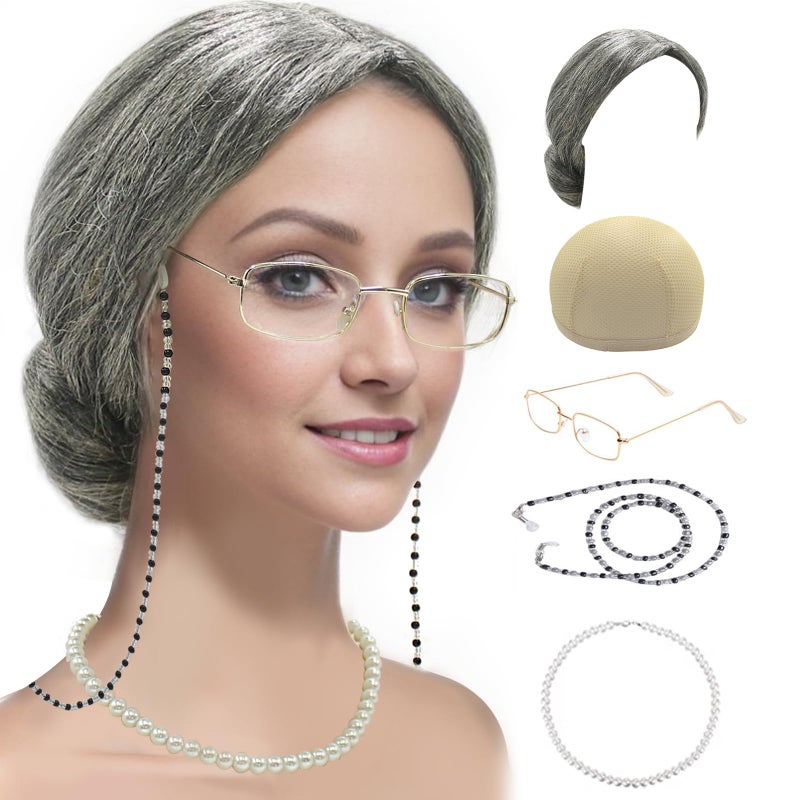 Cupohus Old Lady Costume Set Grandma Wig Granny Wig Cap Madea Granny Glasses Eyeglass Chains Cords Faux Pearl Bead Necklace Old Lady Cosplay Set 5 Pieces grey bun