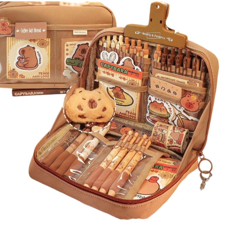 NAPIMICO Cute Capybara Pencil Case with 12 Compartments 90 Wide Opening Mouth Pencil Pouch with Kawaii Pins Plush Cute Stationery Brown