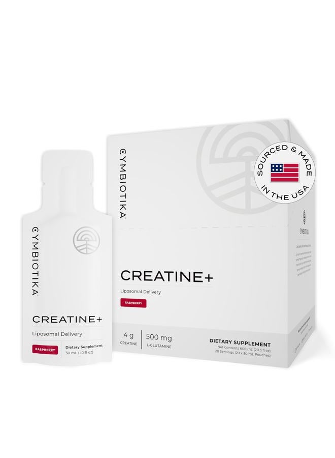 Cymbiotika Creatine+, Creatine and Glutamine Supplement for Amino Energy, Recovery, Muscle Mass & Brain Support, Liposomal Delivery, Gluten Free & Vegan, Raspberry Flavor - 30ml Pouches (Pack of 20)  - Image 1