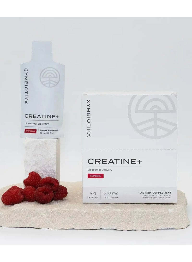 Cymbiotika Creatine+, Creatine and Glutamine Supplement for Amino Energy, Recovery, Muscle Mass & Brain Support, Liposomal Delivery, Gluten Free & Vegan, Raspberry Flavor - 30ml Pouches (Pack of 20)  - Image 1