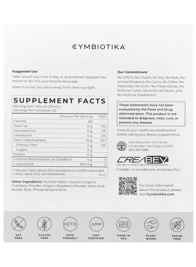 Cymbiotika Creatine+, Creatine and Glutamine Supplement for Amino Energy, Recovery, Muscle Mass & Brain Support, Liposomal Delivery, Gluten Free & Vegan, Raspberry Flavor - 30ml Pouches (Pack of 20)  - Image 2