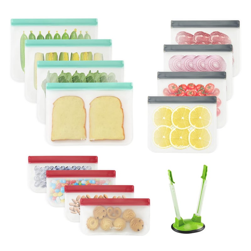 LeMuna 12 Pack Reusable Food Storage Bags with Baggy Rack 4 Gallon Freezer Bags 4 Reusable Sandwich Bag 4 Reusable Snack Bags Food Grade Reusable Freezer Bags BPA Free PEVA Leakproof