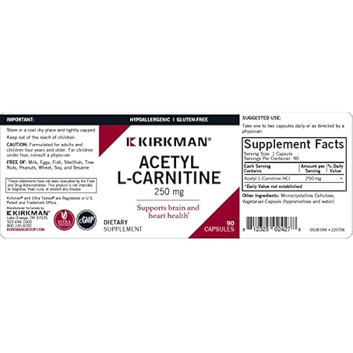 Kirkman - Acetyl L-Carnitine 250 mg - 90 Capsules - Supports Sustained Cellular Energy Production - Hypoallergenic - Image 3