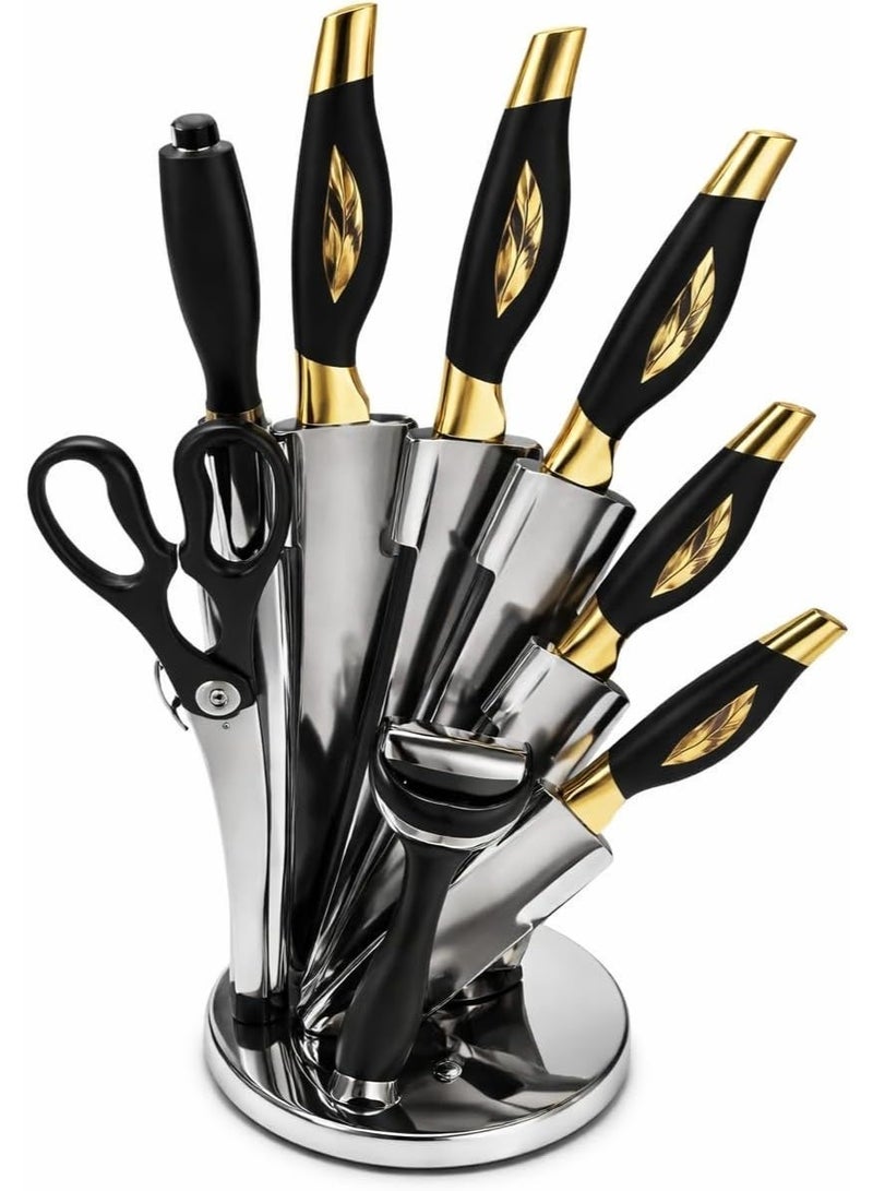 9-piece kitchen knife set with a rotating holder, black and gold, stainless steel, includes scissors and a sharpener - Image 1