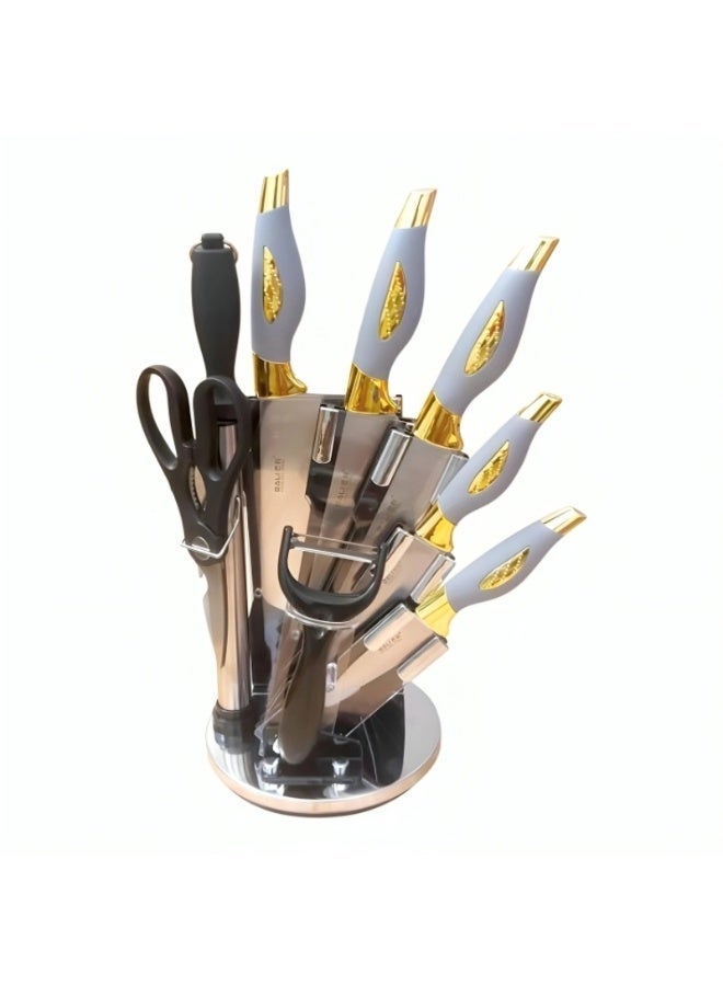9-piece kitchen knife set with a rotating holder, black and gold, stainless steel, includes scissors and a sharpener - Image 5