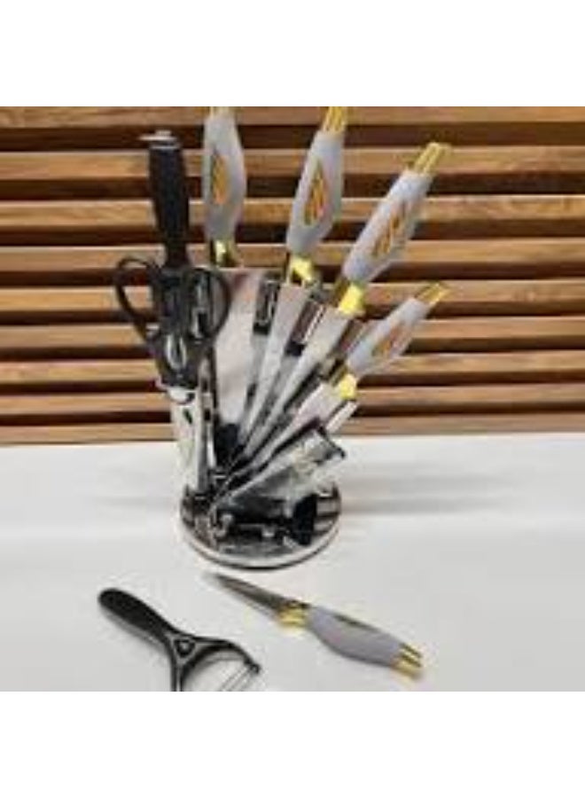 9-piece kitchen knife set with a rotating holder, black and gold, stainless steel, includes scissors and a sharpener - Image 2