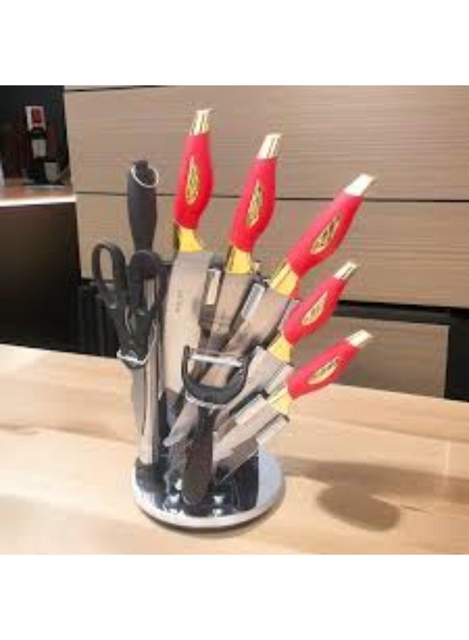 9-piece kitchen knife set with a rotating holder, black and gold, stainless steel, includes scissors and a sharpener - Image 4