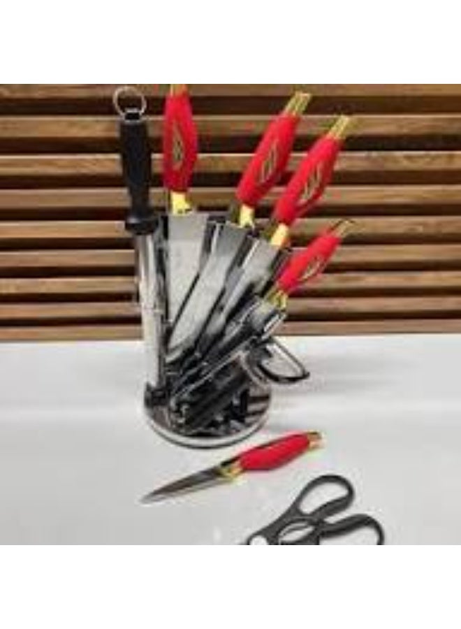 9-piece kitchen knife set with a rotating holder, black and gold, stainless steel, includes scissors and a sharpener - Image 3