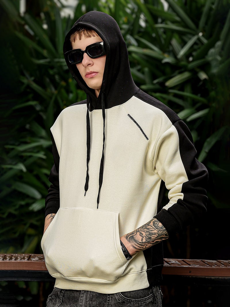 Maniac Mens Colorblock Full Sleeve Cream and BLack Fleece Hood Sweatshirt - Image 1