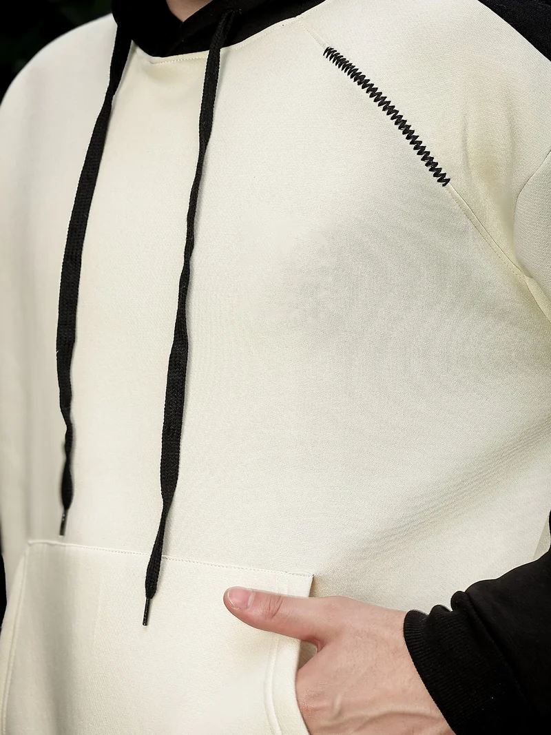 Maniac  Maniac Mens Colorblock Full Sleeve Cream and BLack Fleece Hood Sweatshirt for Men | Best Price UAE