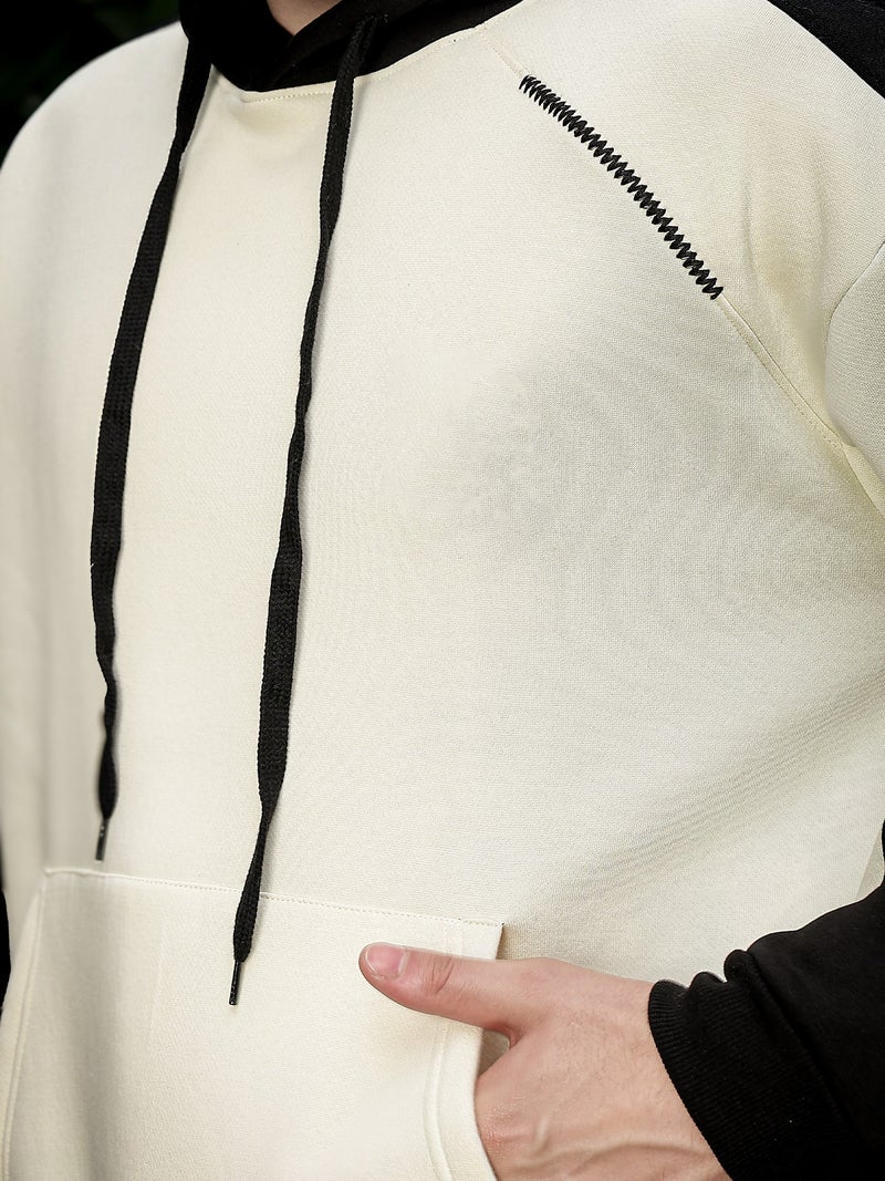 Maniac Mens Colorblock Full Sleeve Cream and BLack Fleece Hood Sweatshirt - Image 4