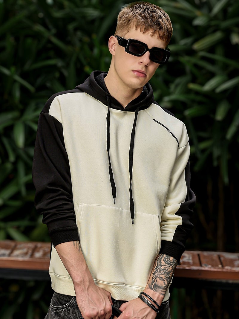 Maniac Mens Colorblock Full Sleeve Cream and BLack Fleece Hood Sweatshirt - Image 2