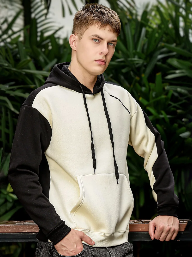 Maniac  Maniac Mens Colorblock Full Sleeve Cream and BLack Fleece Hood Sweatshirt for Men | Best Price UAE