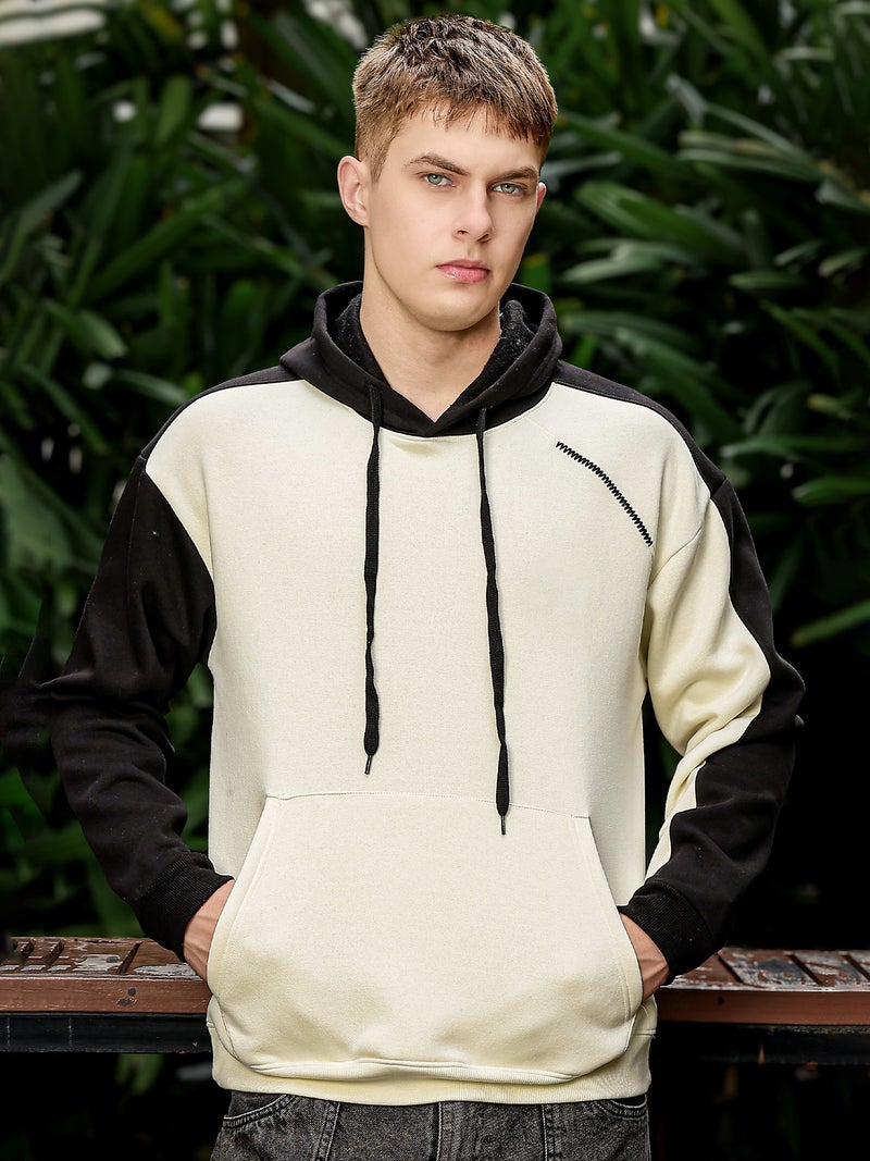 Maniac Mens Colorblock Full Sleeve Cream and BLack Fleece Hood Sweatshirt - Image 3