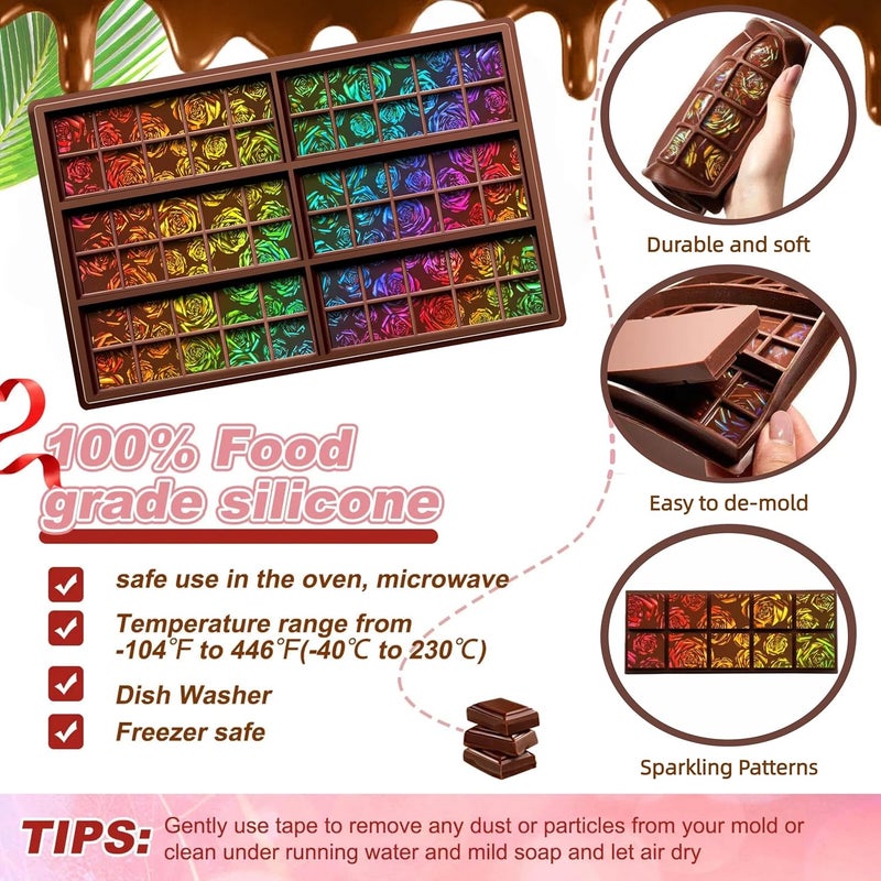Ziliny 1 Pcs Holographic Chocolate Molds Resin Silicone Chocolate Bar Deep Thick Molds for Christmas Family DIY Baking Wax Melts Party Supplies(Rose 1) - Image 3